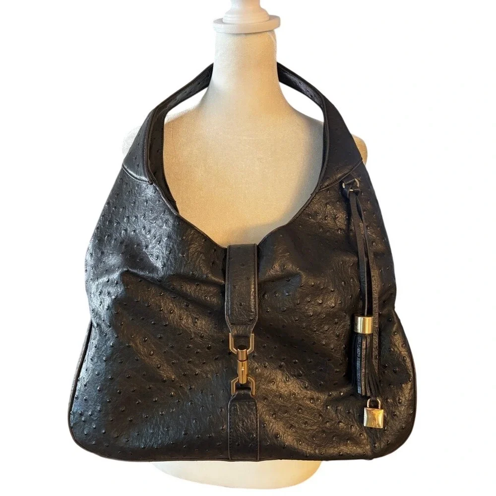 GILI Got It Love It Hobo Bag Large Black Ostrich Embossed Leather Tassel Charm